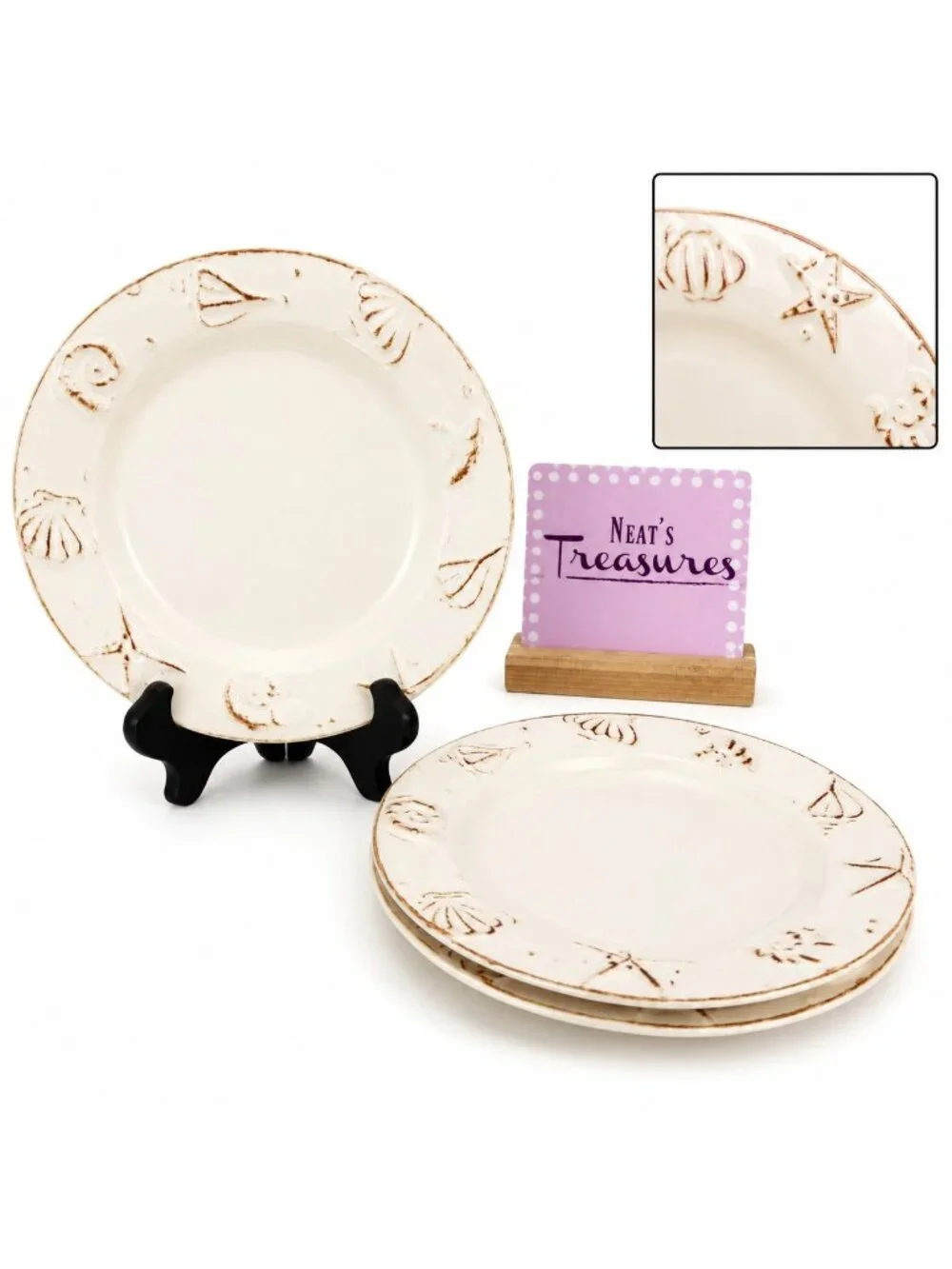 Thomson Pottery HAMPTON Seashell Embossed Rustic White Lunch Salad Plates Set 3